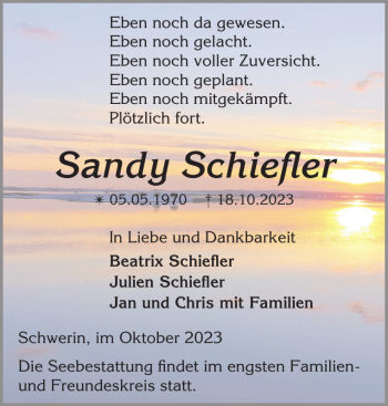 Traueranzeige von Sandy Schiefler von Zeitung für die Landeshauptstadt