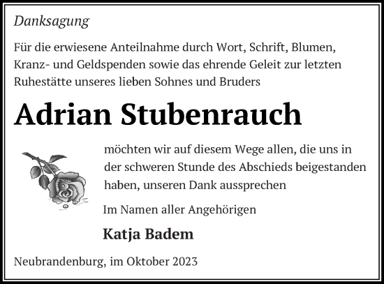 Traueranzeige von Adrian Stubenrauch von Neubrandenburger Zeitung