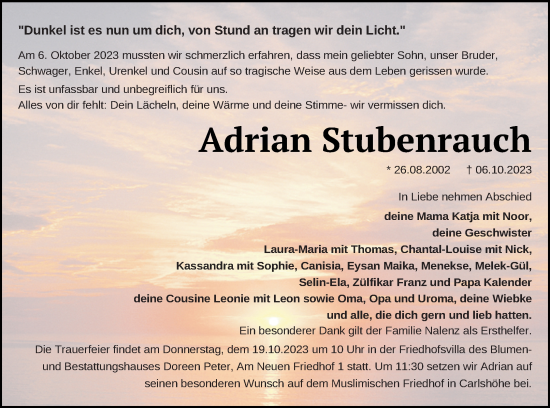 Traueranzeige von Adrian Stubenrauch von Neubrandenburger Zeitung