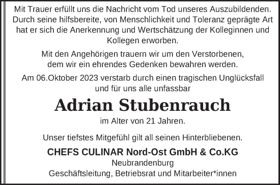 Traueranzeige von Adrian Stubenrauch von Neubrandenburger Zeitung