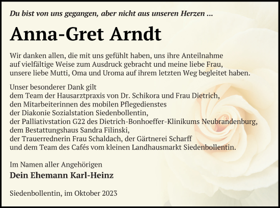 Traueranzeige von Anna-Gret Arndt von Neubrandenburger Zeitung