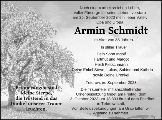 Traueranzeige von Armin Schmidt von Mecklenburger Schweiz