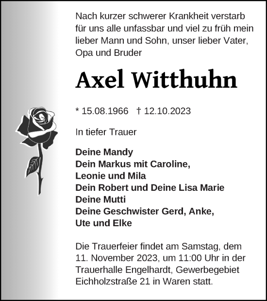 Traueranzeige von Axel Witthuhn von Müritz-Zeitung