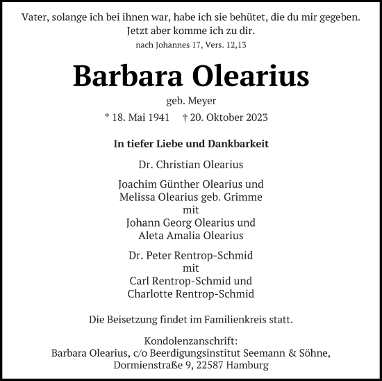 Traueranzeige von Barbara Olearius von Prenzlauer Zeitung