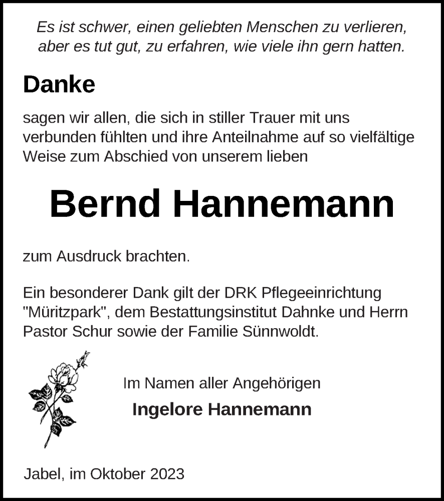  Traueranzeige für Bernd Hannemann vom 14.10.2023 aus Müritz-Zeitung