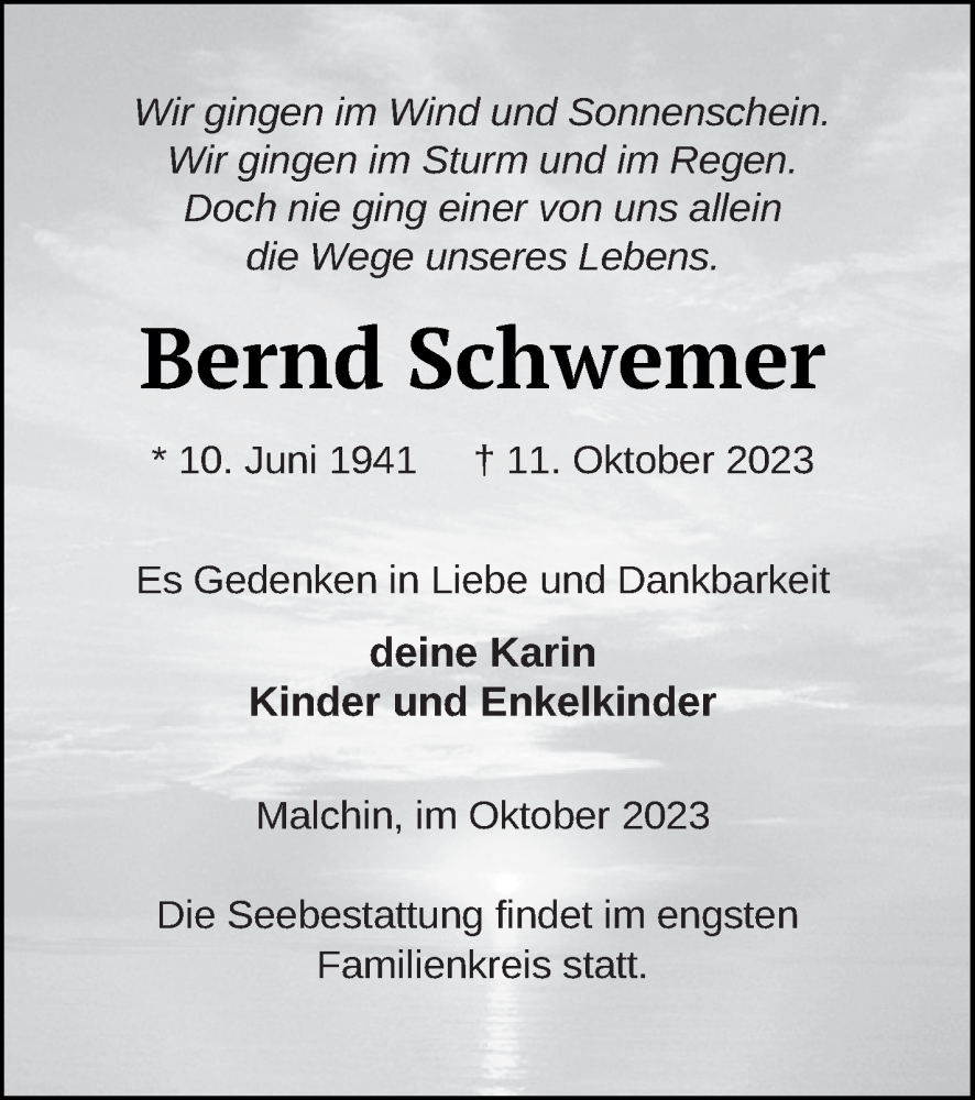  Traueranzeige für Bernd Schwemer vom 20.10.2023 aus Mecklenburger Schweiz