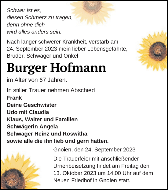 Traueranzeige von Burger Hofmann von Mecklenburger Schweiz