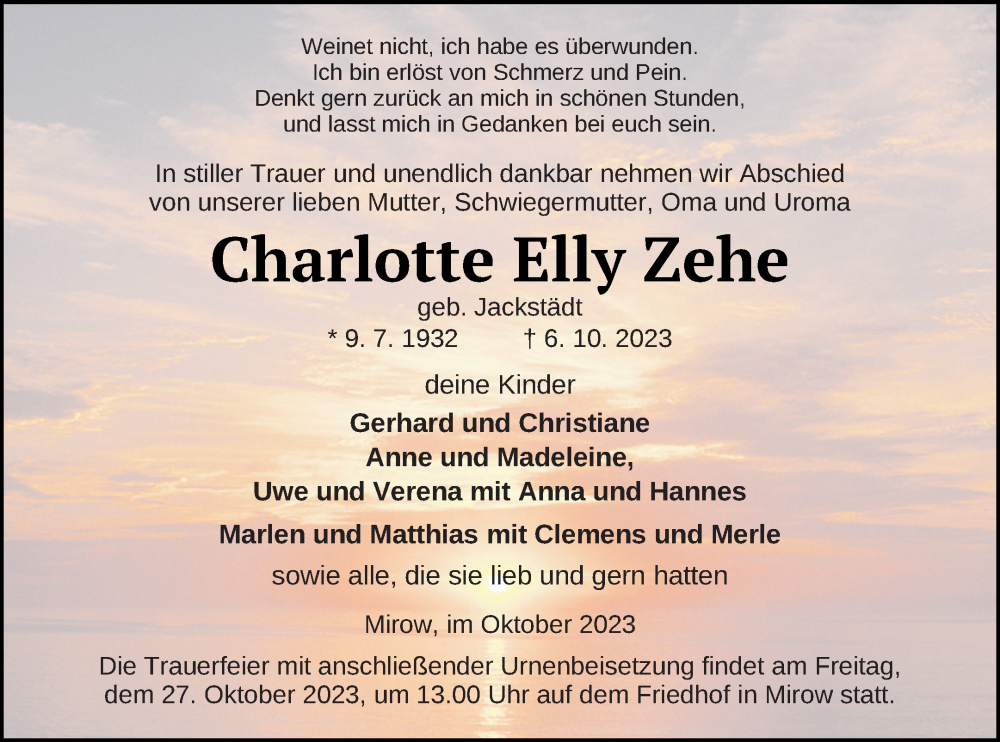  Traueranzeige für Charlotte Elly Zehe vom 12.10.2023 aus Müritz-Zeitung