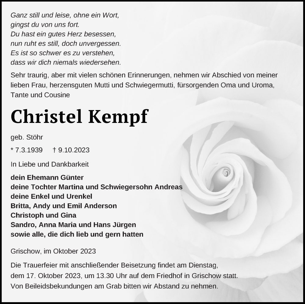  Traueranzeige für Christel Kempf vom 12.10.2023 aus Neubrandenburger Zeitung