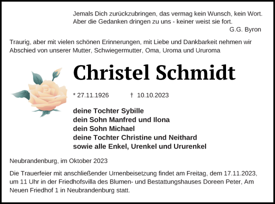 Traueranzeige von Christel Schmidt von Neubrandenburger Zeitung