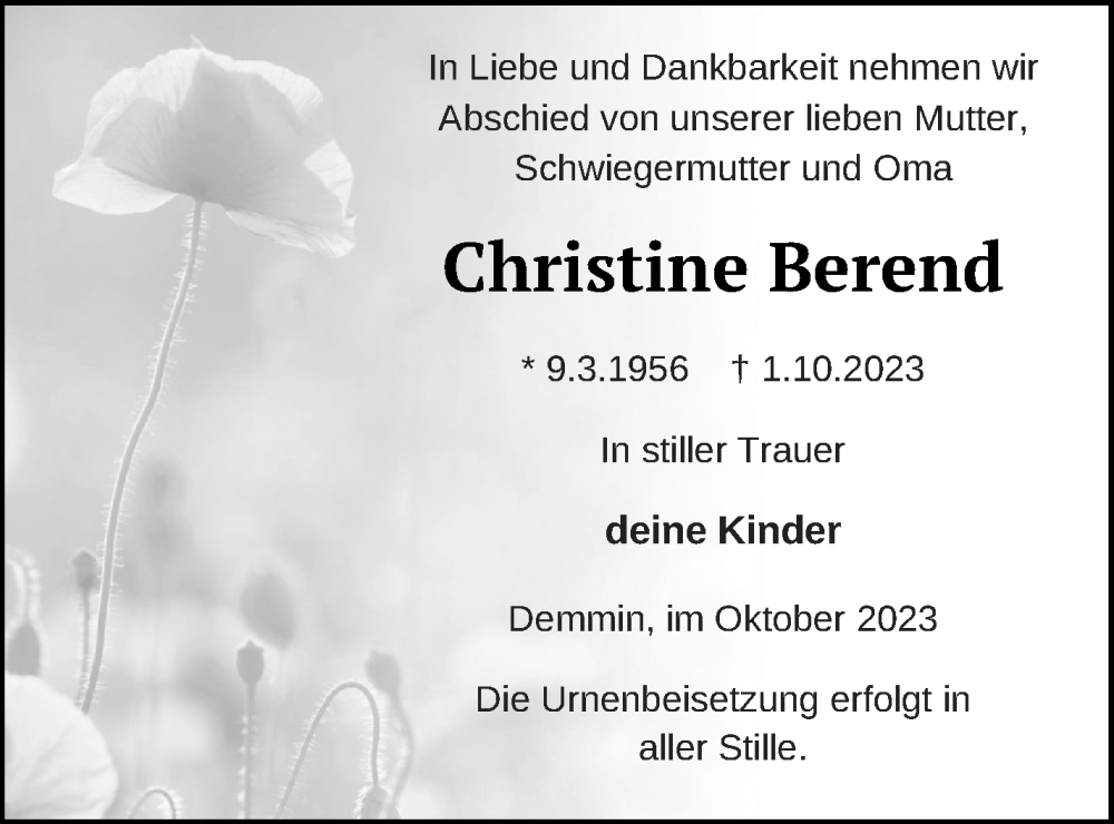  Traueranzeige für Christine Berend vom 13.10.2023 aus Demminer Zeitung