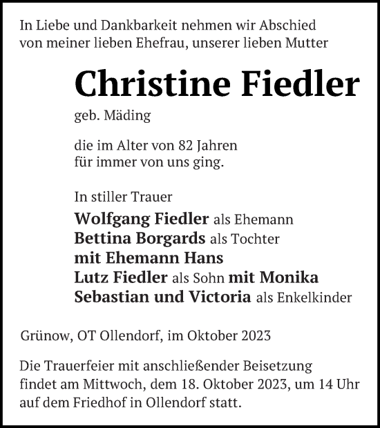 Traueranzeige von Christine Fiedler von Neubrandenburger Zeitung