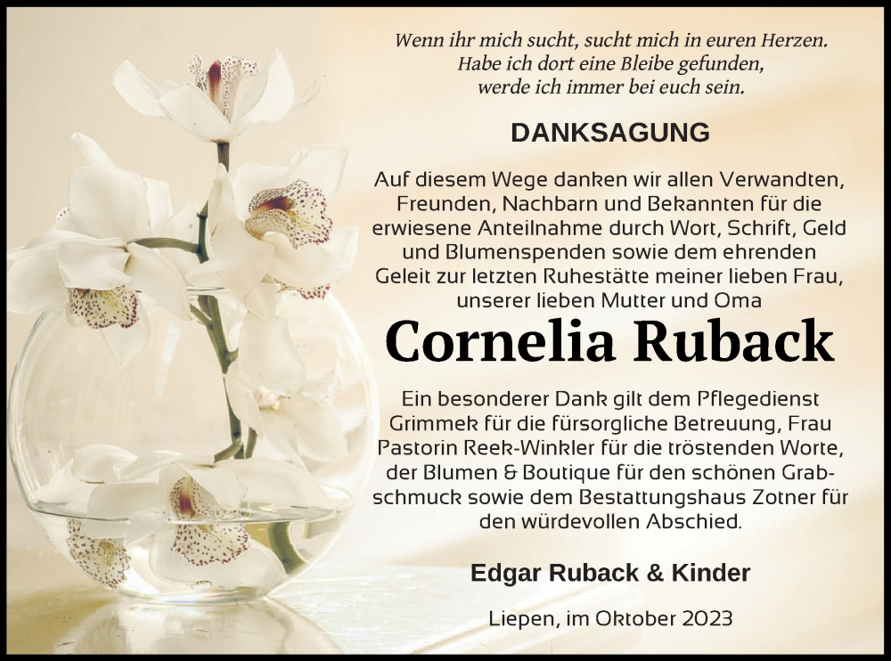  Traueranzeige für Cornelia Ruback vom 28.10.2023 aus Vorpommern Kurier