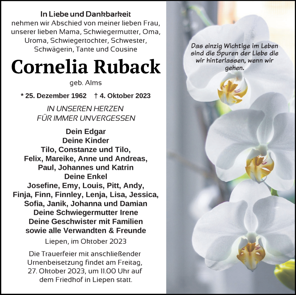  Traueranzeige für Cornelia Ruback vom 07.10.2023 aus Vorpommern Kurier