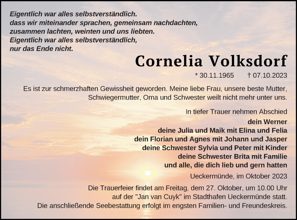  Traueranzeige für Cornelia Volksdorf vom 14.10.2023 aus Haff-Zeitung