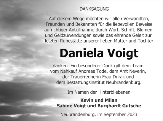 Traueranzeige von Daniela Voigt von Neubrandenburger Zeitung