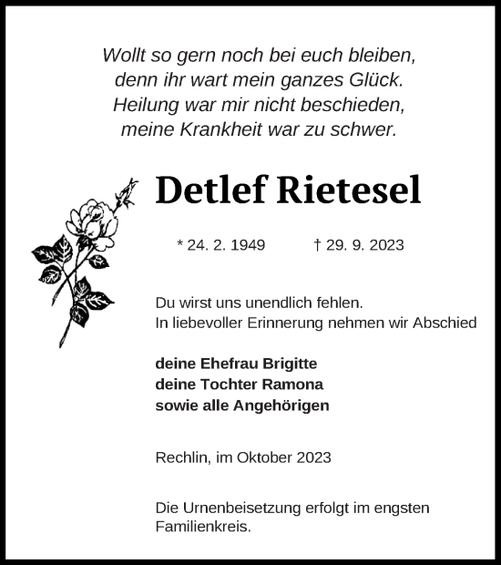 Traueranzeige von Detlef Rietesel von Müritz-Zeitung