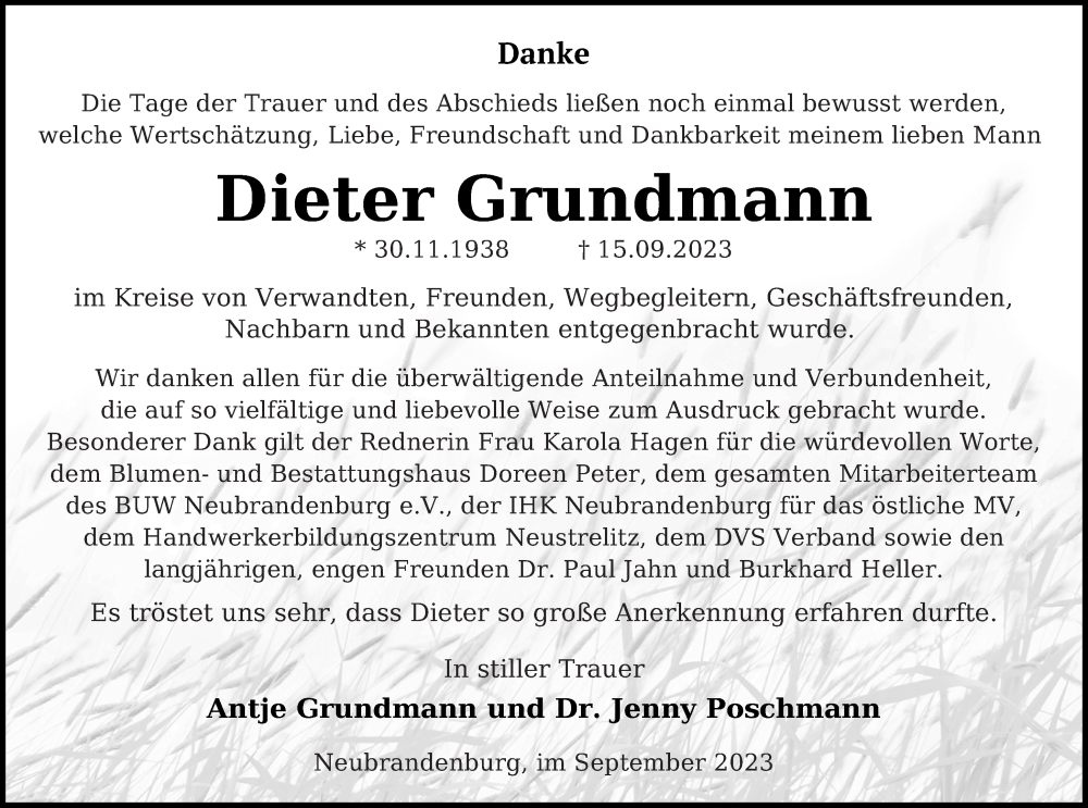  Traueranzeige für Dieter Grundmann vom 06.10.2023 aus Demminer Zeitung