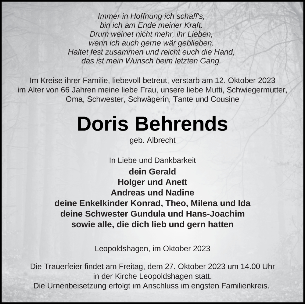  Traueranzeige für Doris Behrends vom 21.10.2023 aus Haff-Zeitung