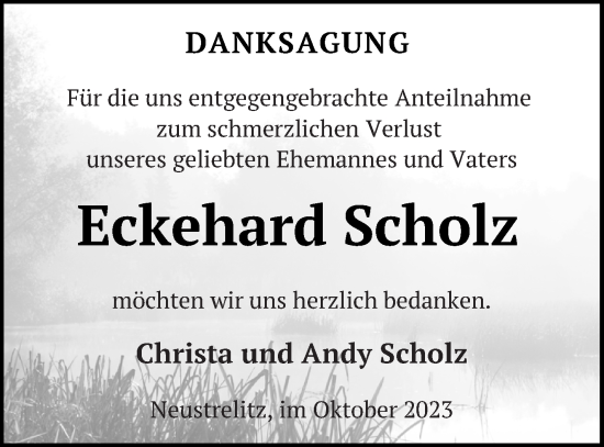Traueranzeige von Eckehard Scholz von Strelitzer Zeitung