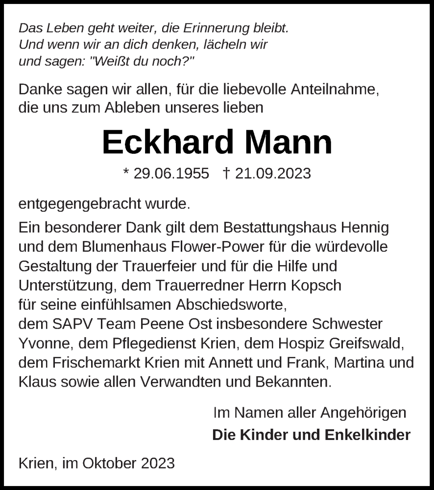  Traueranzeige für Eckhard Mann vom 21.10.2023 aus Vorpommern Kurier
