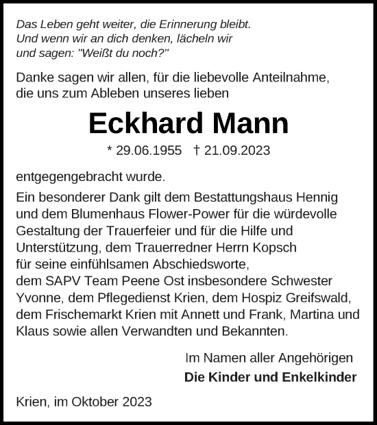 Traueranzeige von Eckhard Mann von Vorpommern Kurier