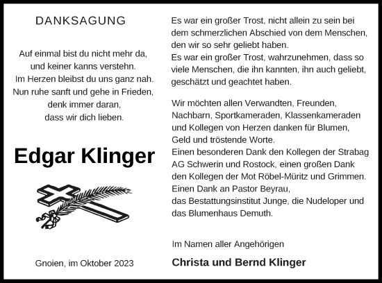 Traueranzeige von Edgar Klinger von Müritz-Zeitung