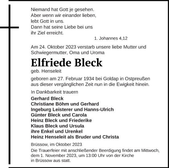 Traueranzeige von Elfriede Bleck von Prenzlauer Zeitung