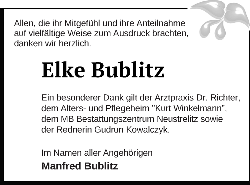 Traueranzeige für Elke Bublitz vom 13.10.2023 aus Strelitzer Zeitung