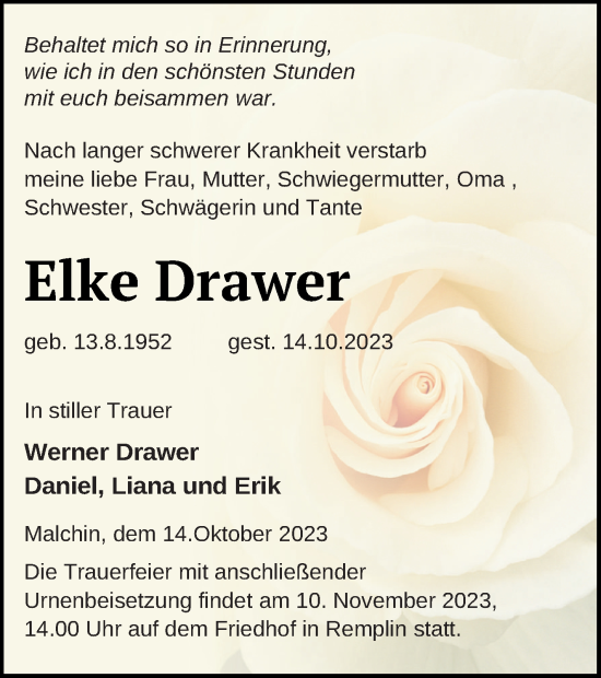 Traueranzeige von Elke Drawer von Mecklenburger Schweiz