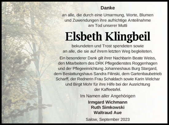 Traueranzeige von Elsbeth Klingbeil von Neubrandenburger Zeitung