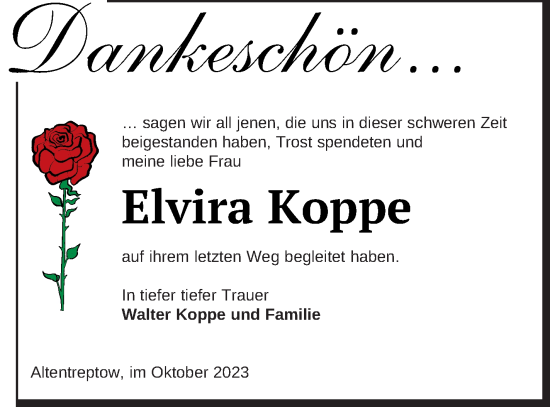 Traueranzeige von Elvira Koppe von Neubrandenburger Zeitung