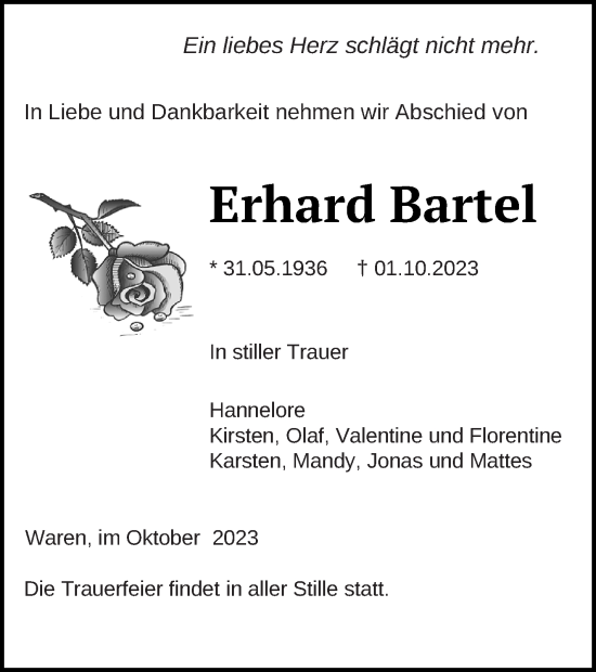 Traueranzeige von Erhard Bartel von Müritz-Zeitung