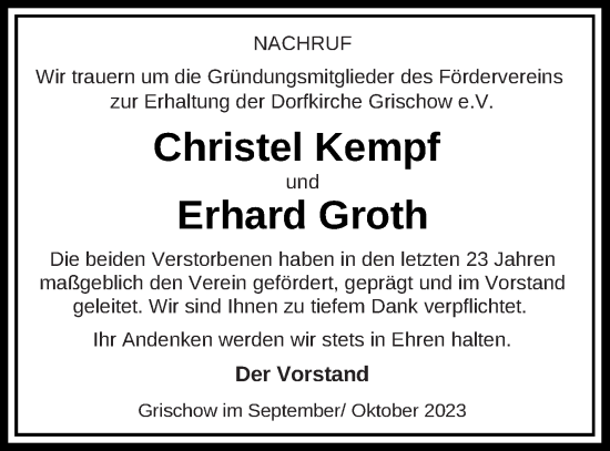 Traueranzeige von Erhard Groth von Neubrandenburger Zeitung