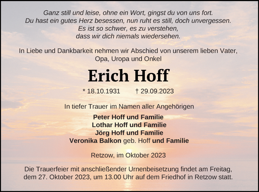  Traueranzeige für Erich Hoff vom 05.10.2023 aus Templiner Zeitung