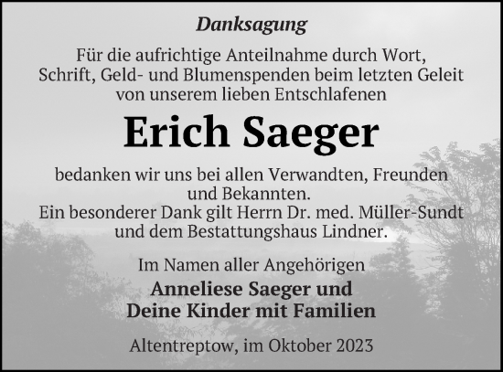 Traueranzeige von Erich Saeger von Haff-Zeitung