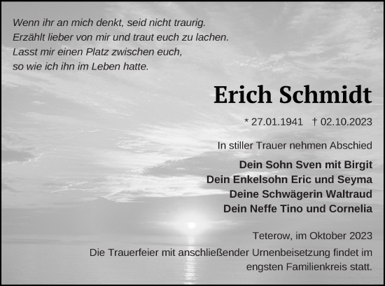Traueranzeige von Erich Schmidt von Mecklenburger Schweiz