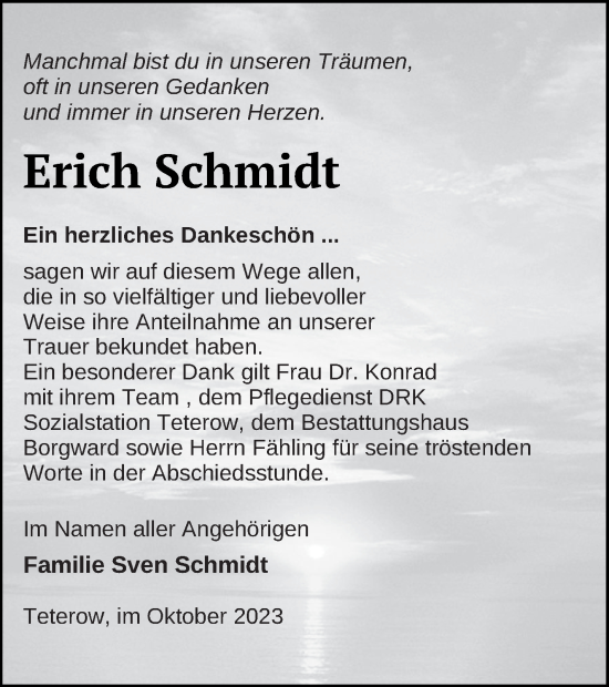 Traueranzeige von Erich Schmidt von Mecklenburger Schweiz