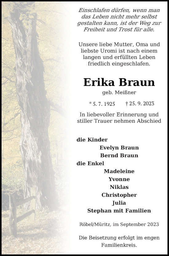 Traueranzeige von Erika Braun von Müritz-Zeitung