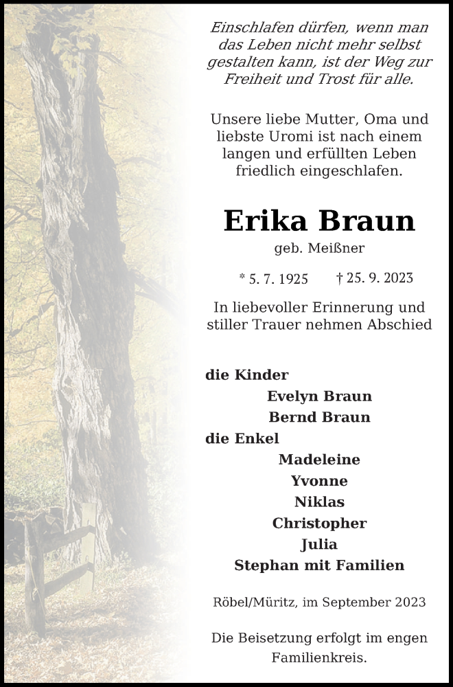  Traueranzeige für Erika Braun vom 04.10.2023 aus Müritz-Zeitung