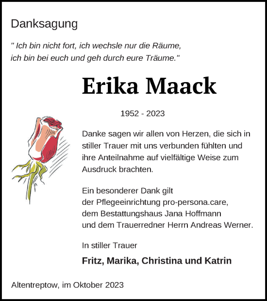 Traueranzeige von Erika Maack von Neubrandenburger Zeitung