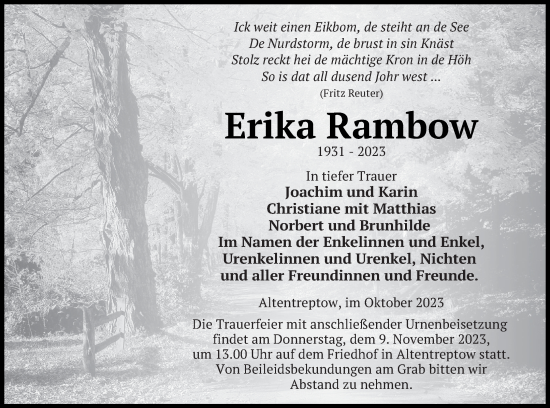 Traueranzeige von Erika Rambow von Neubrandenburger Zeitung