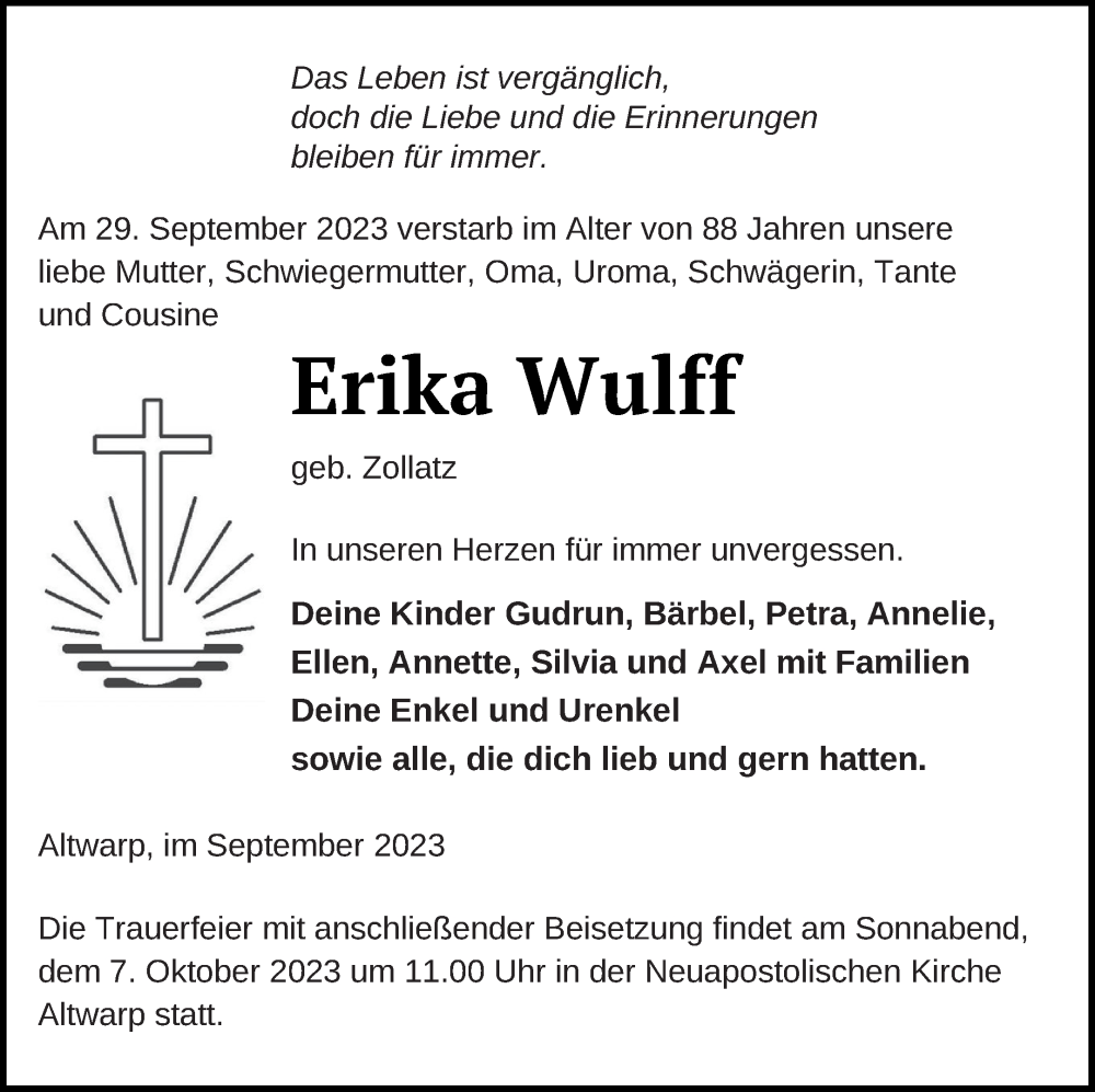  Traueranzeige für Erika Wulff vom 05.10.2023 aus Haff-Zeitung