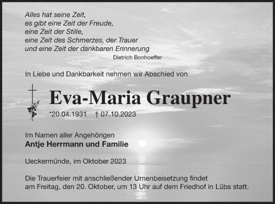 Traueranzeige von Eva-Maria Graupner von Haff-Zeitung
