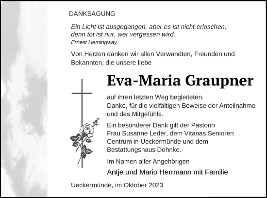 Traueranzeige von Eva-Maria Graupner von Haff-Zeitung