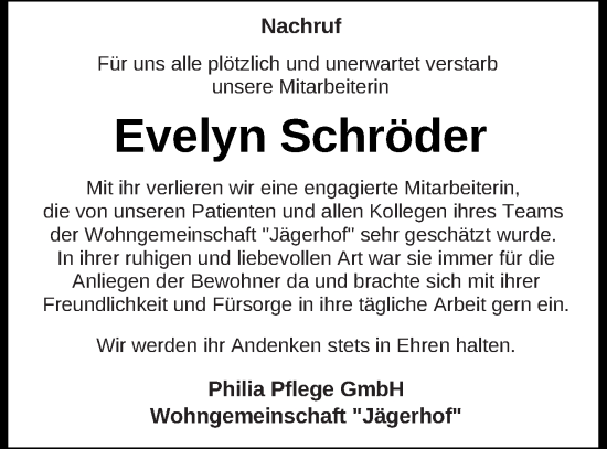 Traueranzeige von Evelyn Schröder von Mecklenburger Schweiz