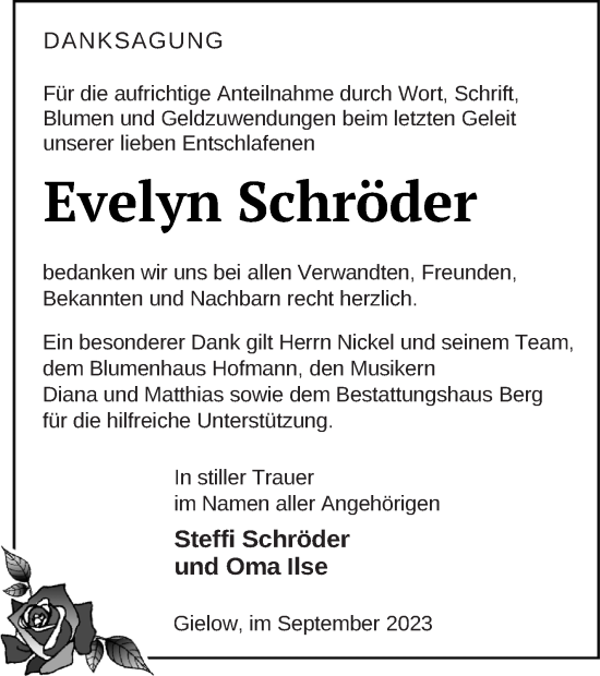 Traueranzeige von Evelyn Schröder von Mecklenburger Schweiz