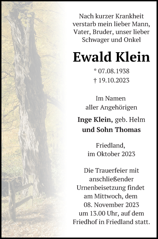 Traueranzeige von Ewald Klein von Neubrandenburger Zeitung