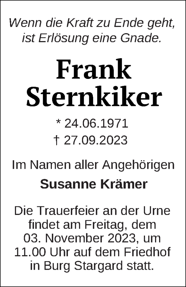  Traueranzeige für Frank Sternkiker vom 12.10.2023 aus Neubrandenburger Zeitung