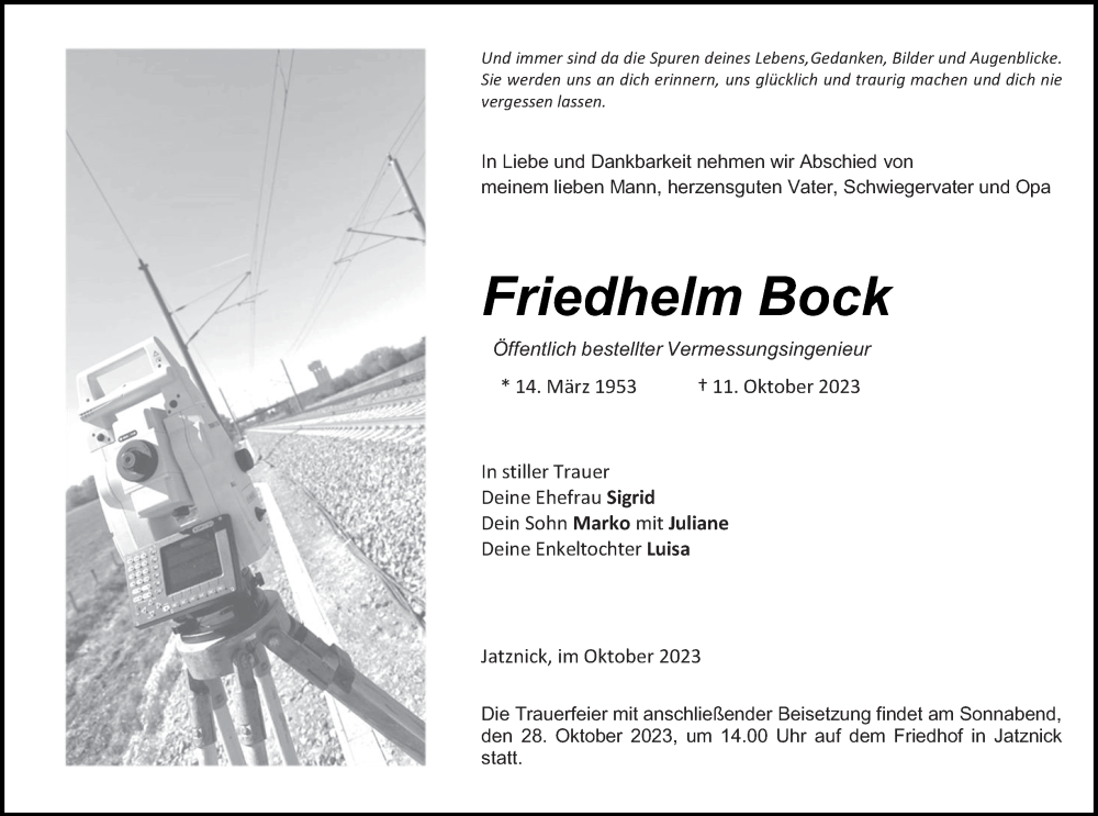  Traueranzeige für Friedhelm Bock vom 14.10.2023 aus Haff-Zeitung